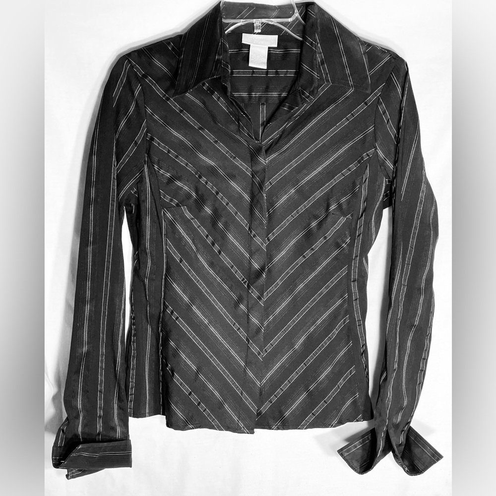 Worthington womens dress shirt size 8 black button long sleeve striped s…